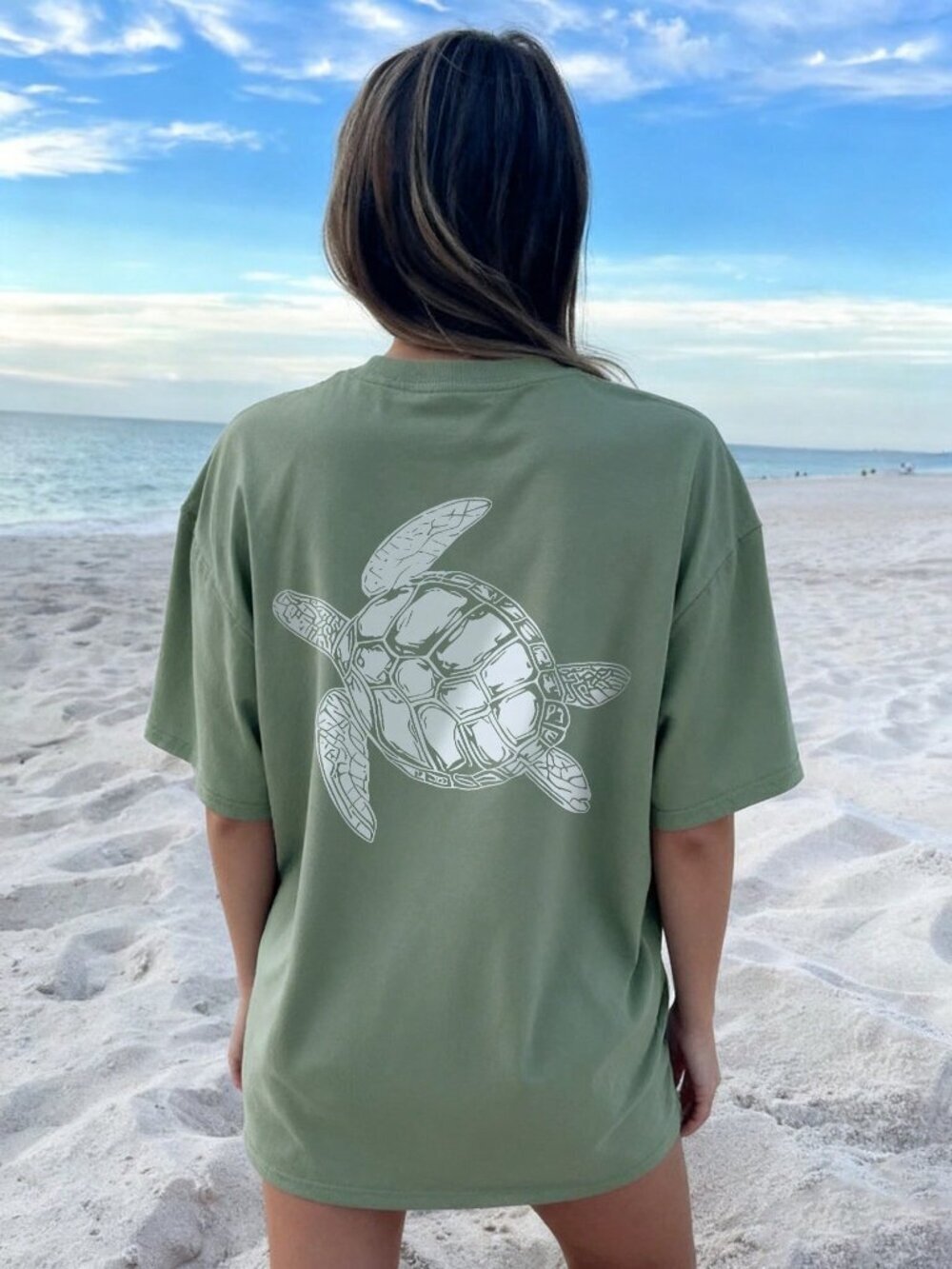 Green Casual Women's Cute Sea Turtle Print Loose Round Neck Short Sleeve T-Shirt